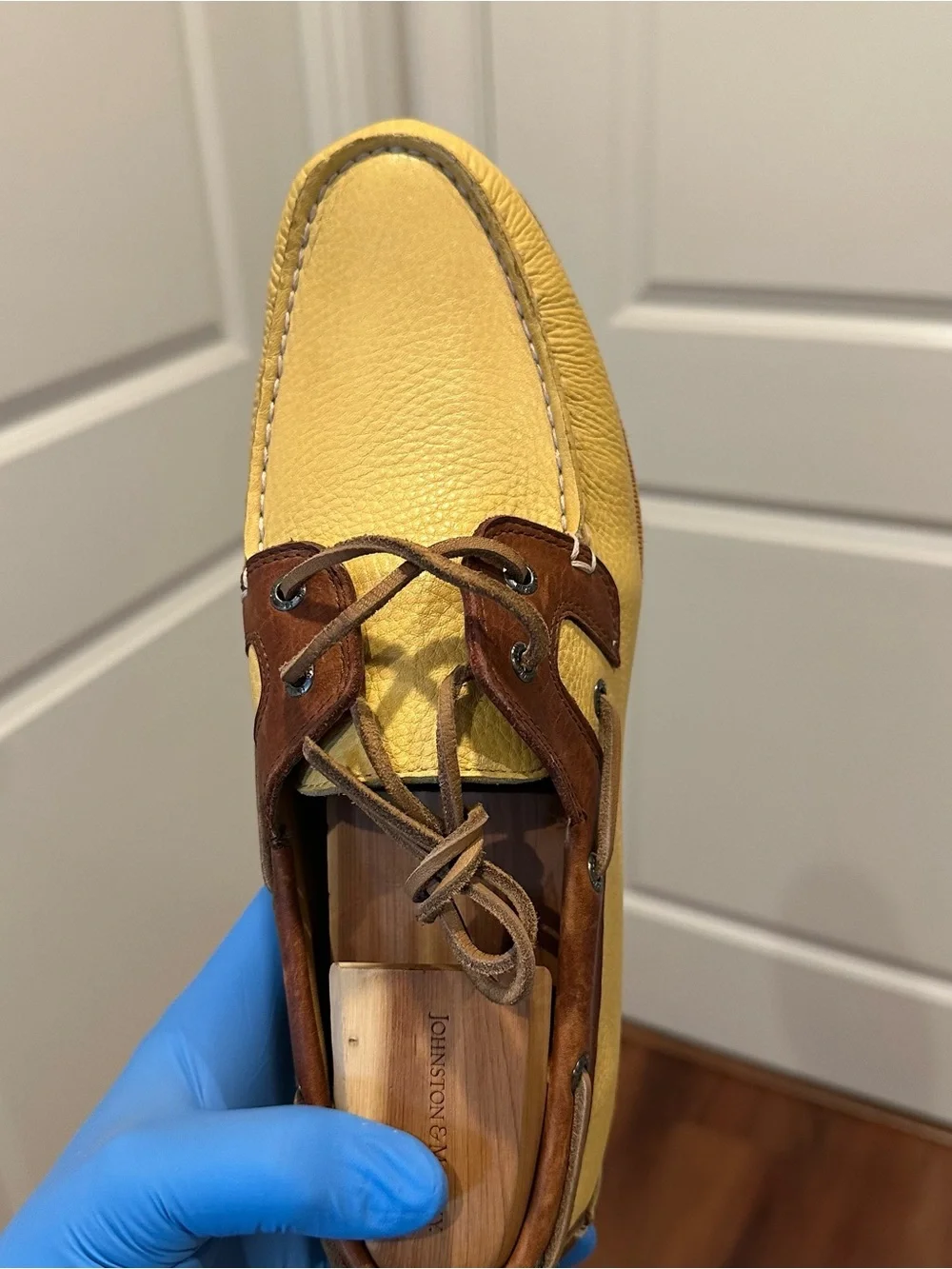Johnston & Murphy Men's Yellow and Brown Two-Tone Leather Boat Shoes - Picture 6 of 7